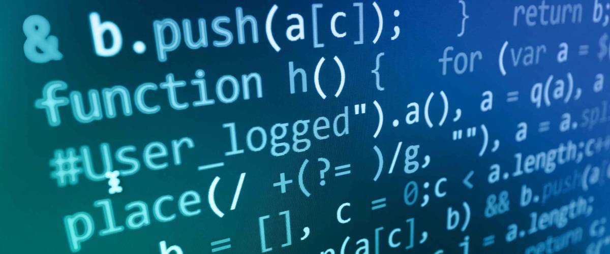 Computer script. Programming code abstract screen of software developer. Digital abstract bits data stream, cyber pattern digital background. Selective focus effect. Blue green color.