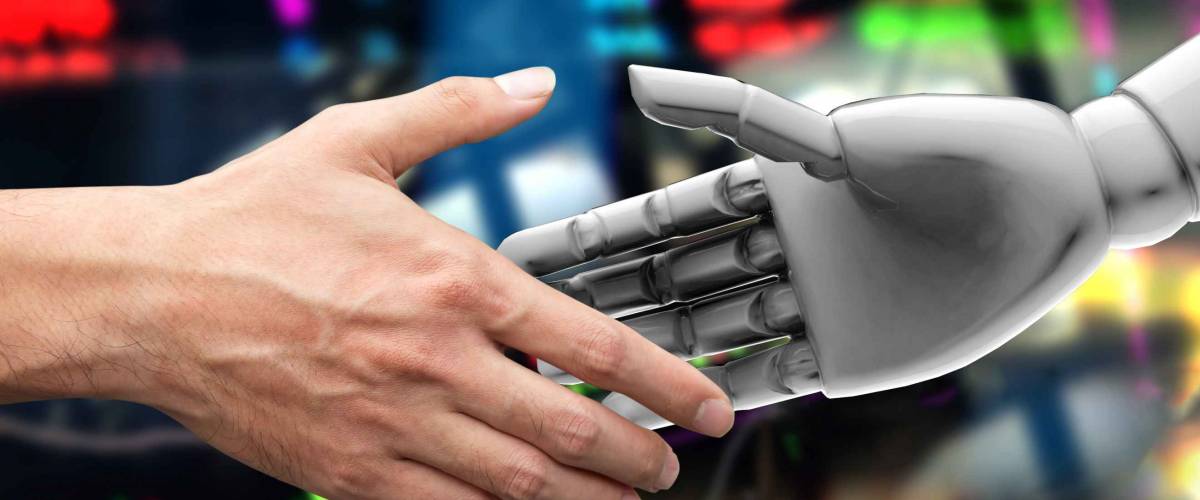 Artificial intelligence (AI) advisor or robo-advisor in stock financial market technology. Shaking hands of male investor and 3d rendering robot. Abstract graph stock exchange background.