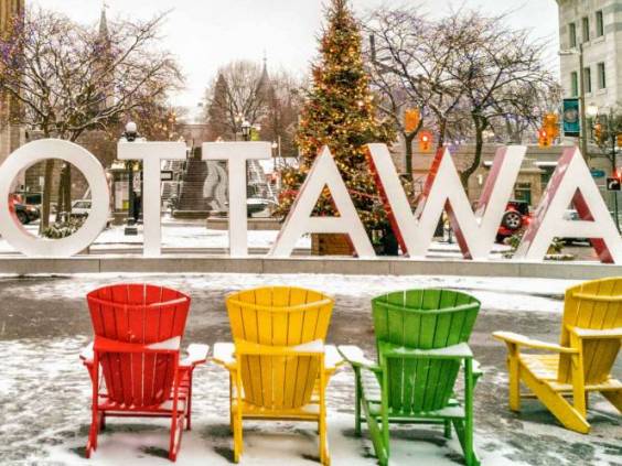 Ottawa in winter christmas tree decoration in city. Urban landscape Canada travel. Mobile picture shot on Huawei mate pro 20 phone.