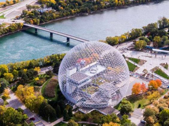Aerial view of Montreal showing the Biosphere Environment Museum and Saint Lawrence River during Fall season in Quebec, Canada.