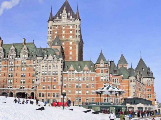 Chateau Frontenac, Quebec City in winter, traditional slide descent, Canada