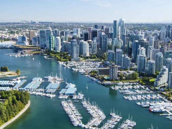 Aerial image of Stanley Park, Coal Harbor and Vancouver, BC, Canada