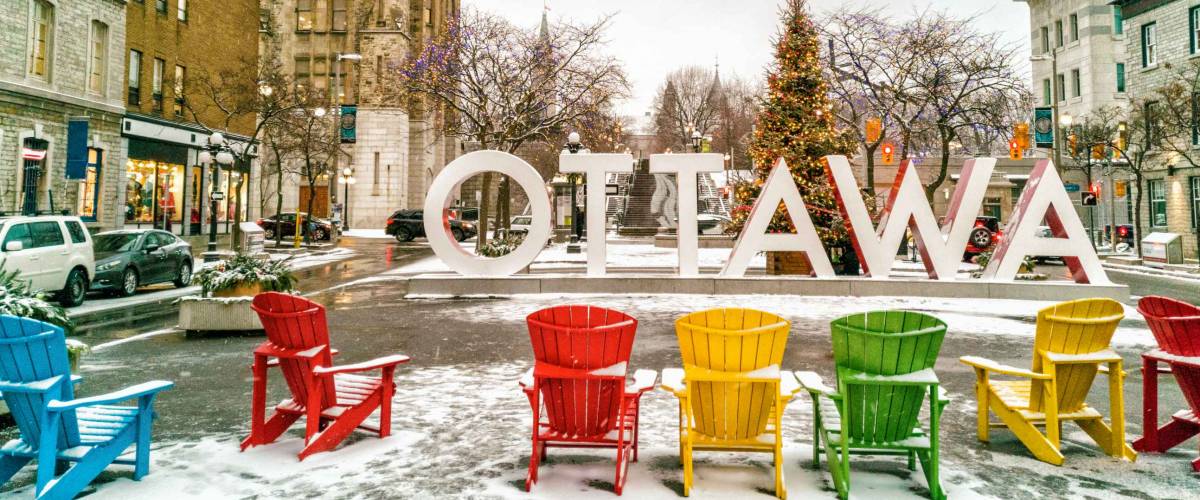 Ottawa in winter christmas tree decoration in city. Urban landscape Canada travel. Mobile picture shot on Huawei mate pro 20 phone.