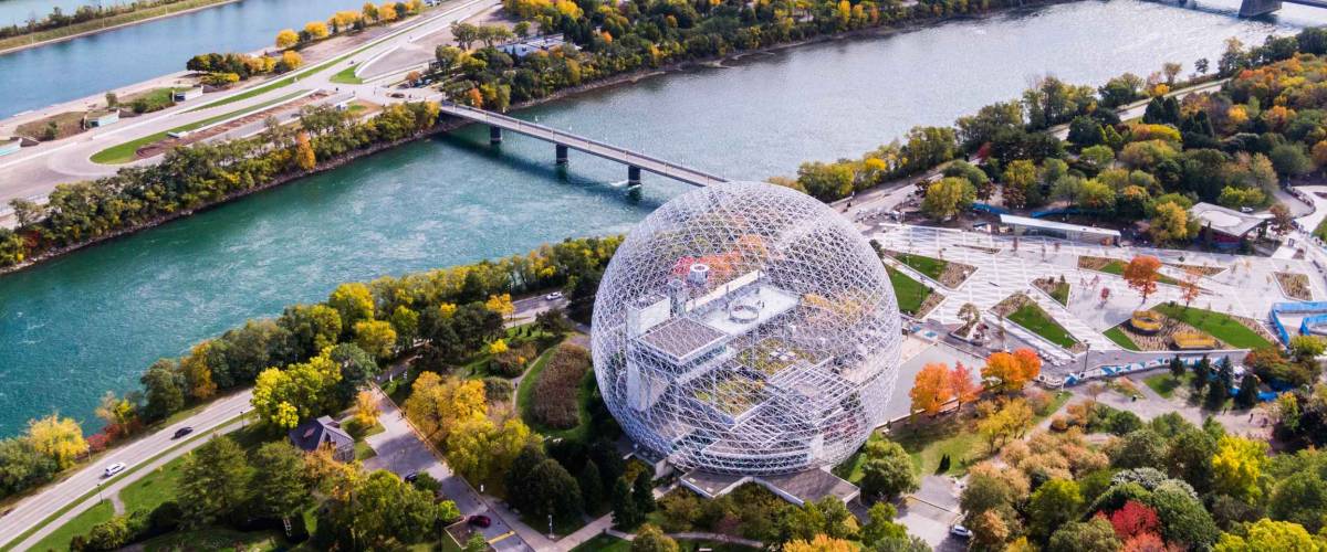 Aerial view of Montreal showing the Biosphere Environment Museum and Saint Lawrence River during Fall season in Quebec, Canada.