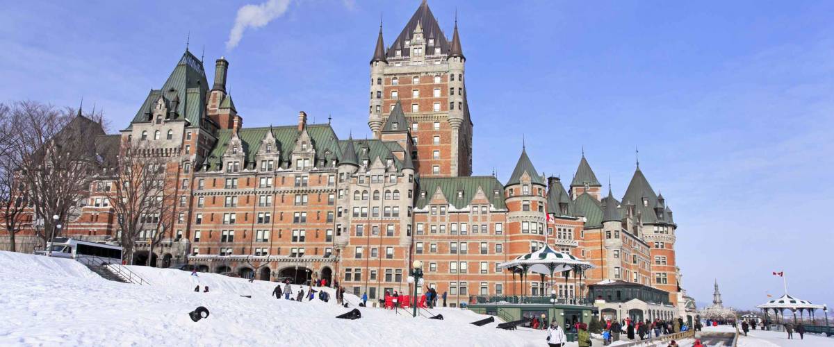 Chateau Frontenac, Quebec City in winter, traditional slide descent, Canada