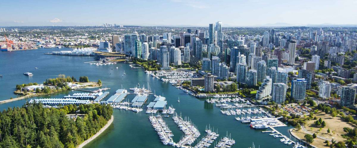 Aerial image of Stanley Park, Coal Harbor and Vancouver, BC, Canada