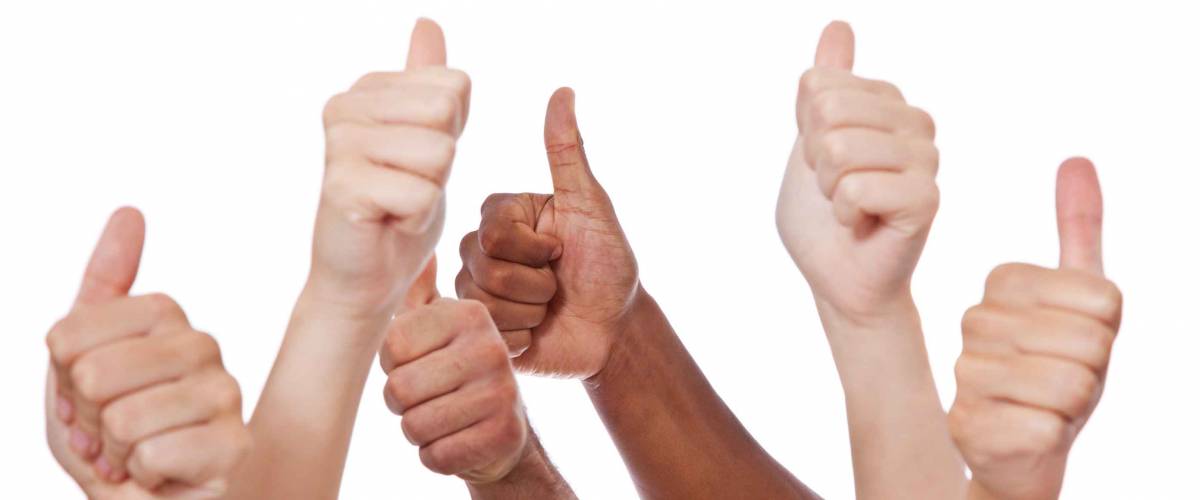 Various hands showing thumbs up. All on white background.