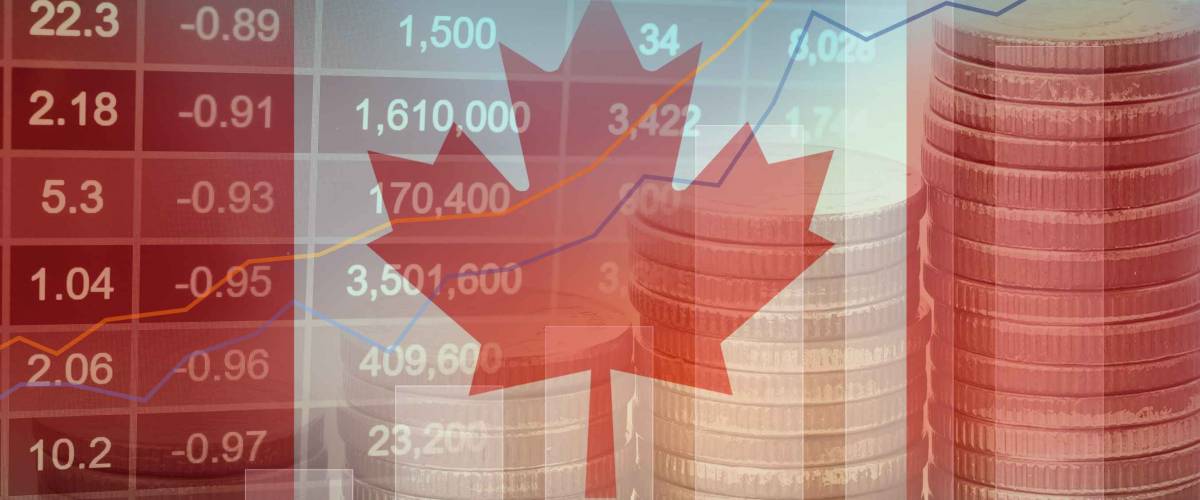 Stock market investment trading financial, coin and Canada flag or Forex for analyze profit finance business trend data background.