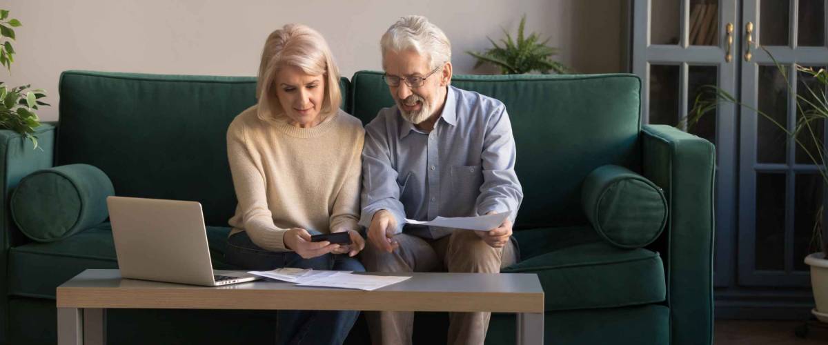 Smiling contemporary senior couple spouses use laptop and manage bills