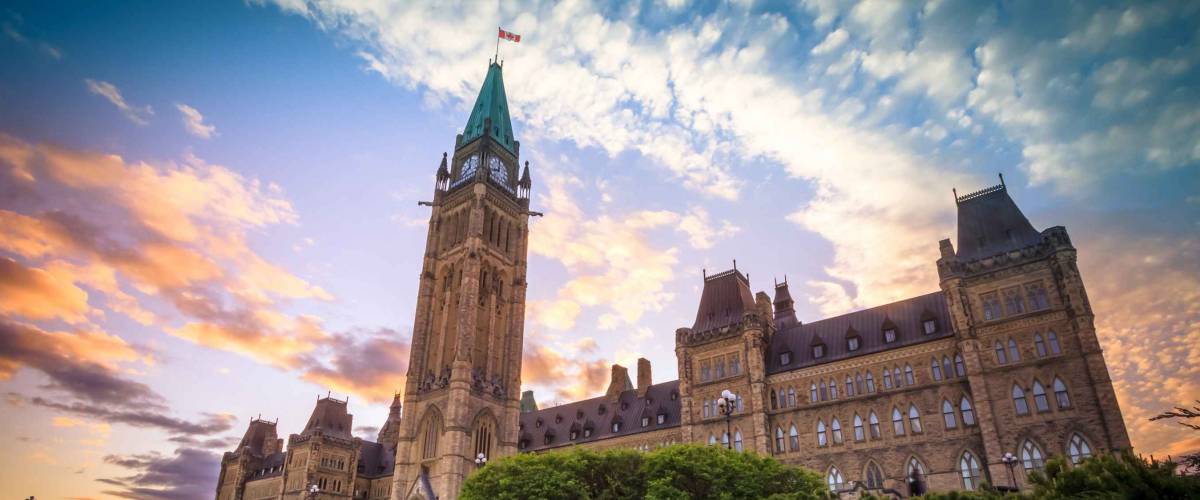 View of Canada Parliament building in Ottawa during tulip festival
