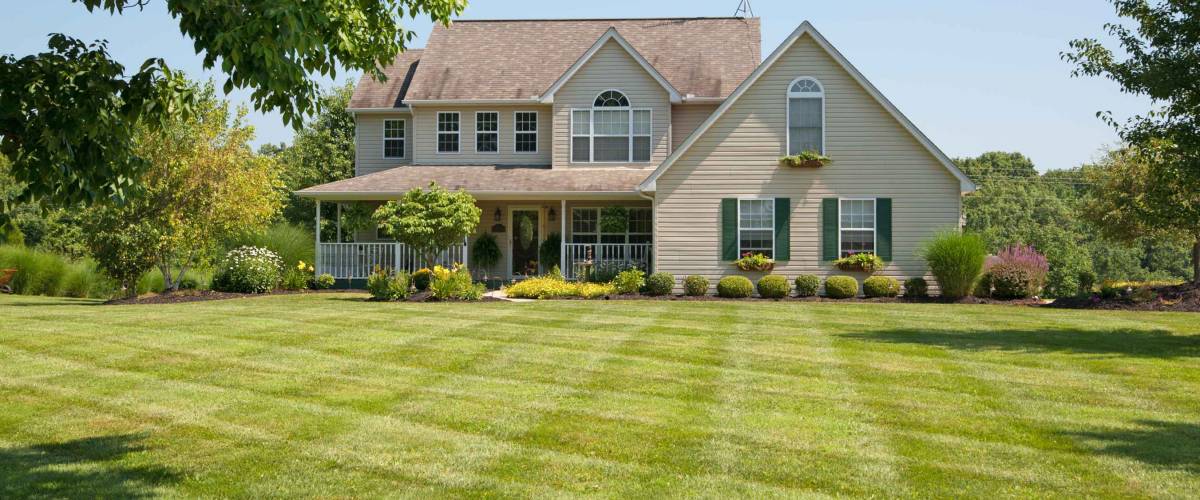 Green pastures surround a farm house in Kentucky, USA.