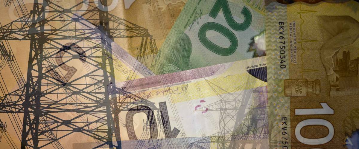 High voltage electric tower or pylon with high power lines on 100, 20, 10 and 5 Canadian dollar bills, double exposure shot with money and technology