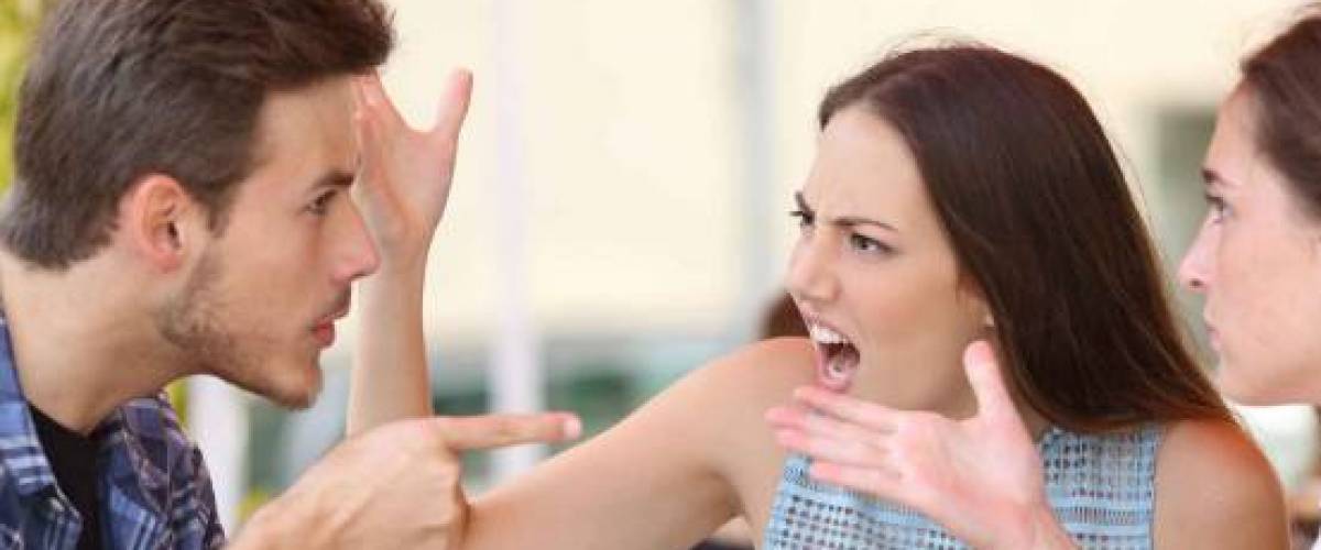 Discussion of three angry friends arguing in a coffee shop