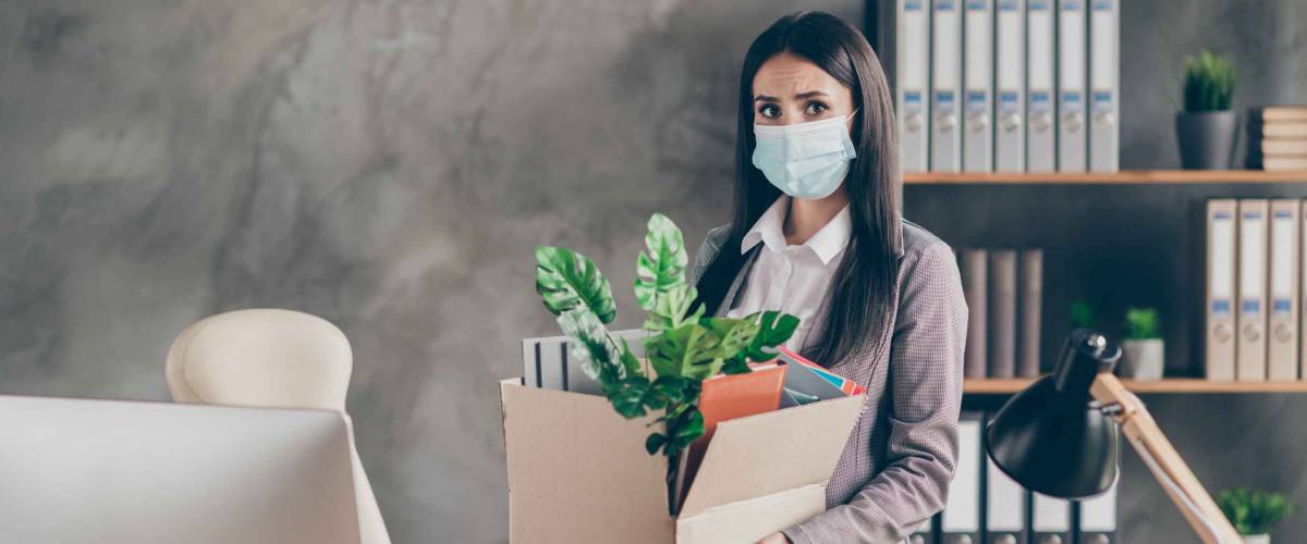 Photo of frustrated sad upset women representative company bankrupt staff reduction she lose job hold cardboard box wear suit blazer jacket medical mask in workstation