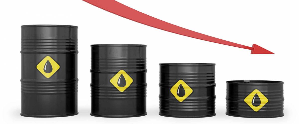 Oil barrels with logos and a red graph arrow on white background