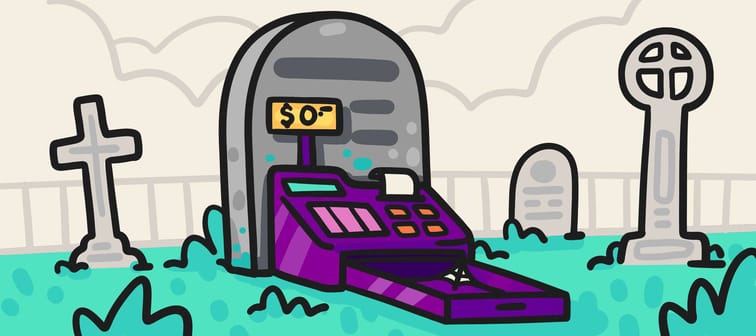 Illustration of a cash register on a tombstone