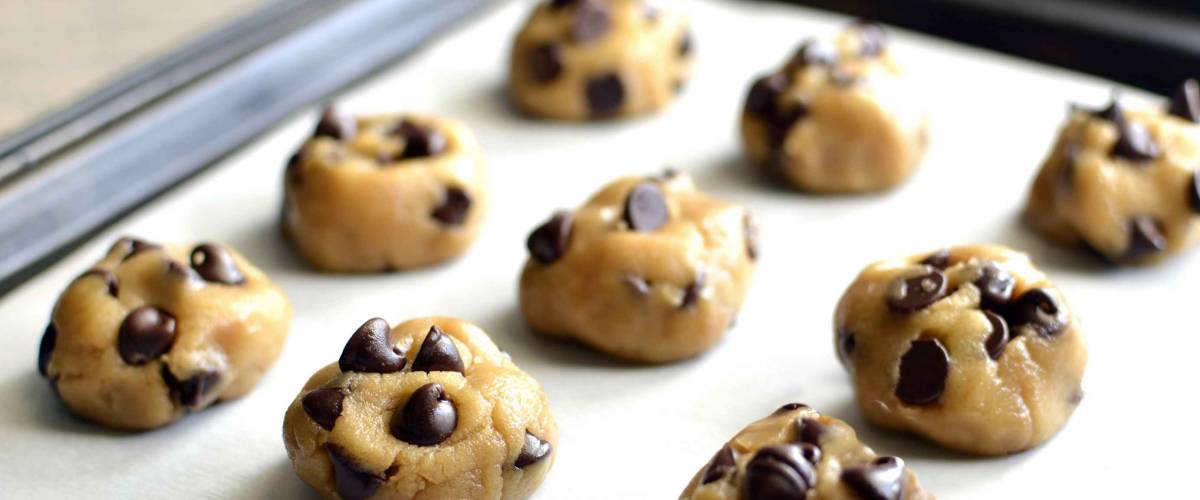 Chocolate chip cookie dough on pan