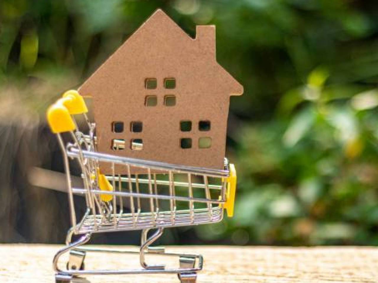 Yellow shopping cart and small wooden toy house on natural green blur background.