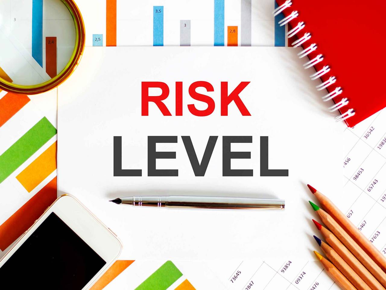 Text RISK LEVEL on notepad with office tools, pen on financial report