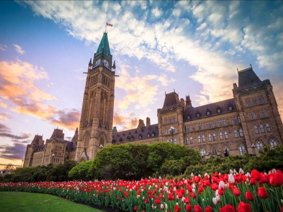 View of Canada Parliament building in Ottawa during tulip festival