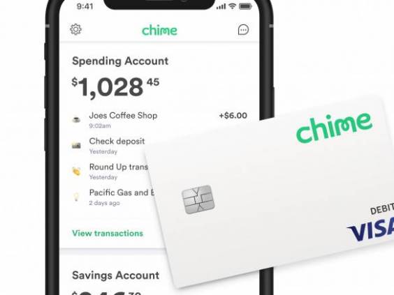 iPhone with Chime app open and Chime debit card on top.