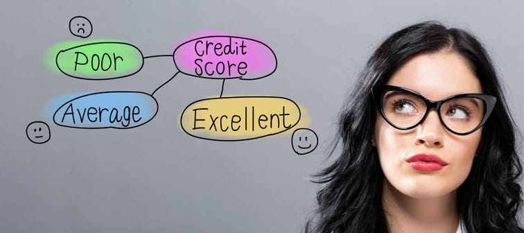 Credit score theme with young businesswoman in a thoughtful face