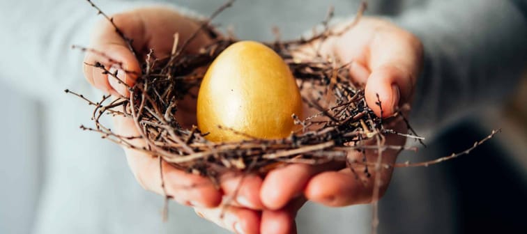 Hands holding golden egg in a small nest. Selective focus