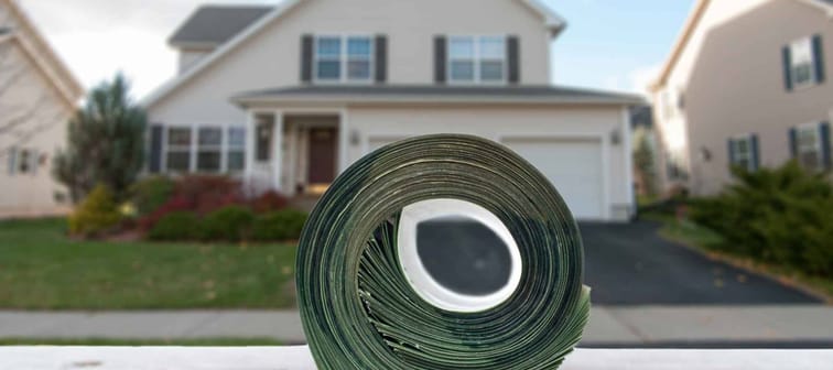 Paying house by cash concept with a big roll of banknotes against blurred house background