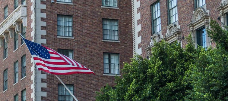 US Flag in a modern apartment building