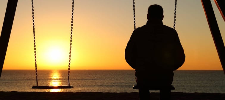 man, beach, sunset