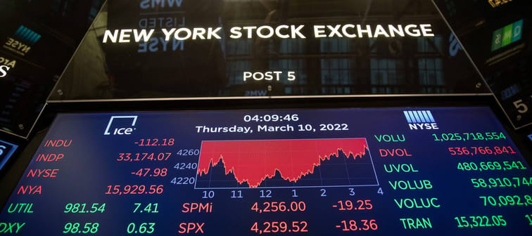 A stock ticker board at the New York Stock Exchange showing a lot of red in early March 2022