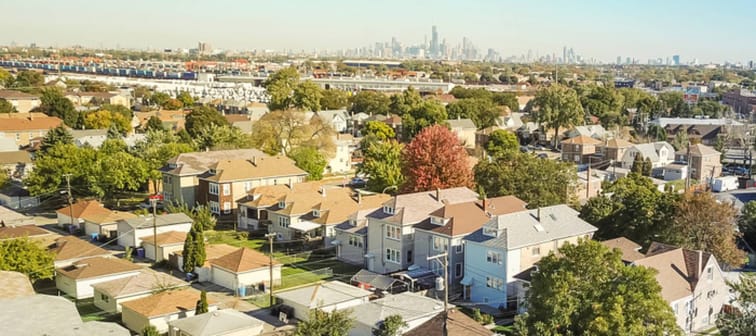 Panorama aerial view traditional residential neighborhood west of Chicago.