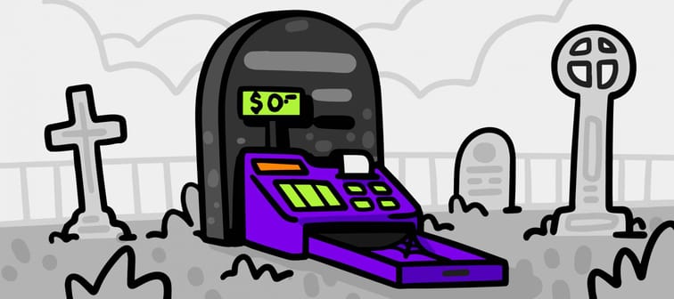 Illustration of a cash register on a tombstone